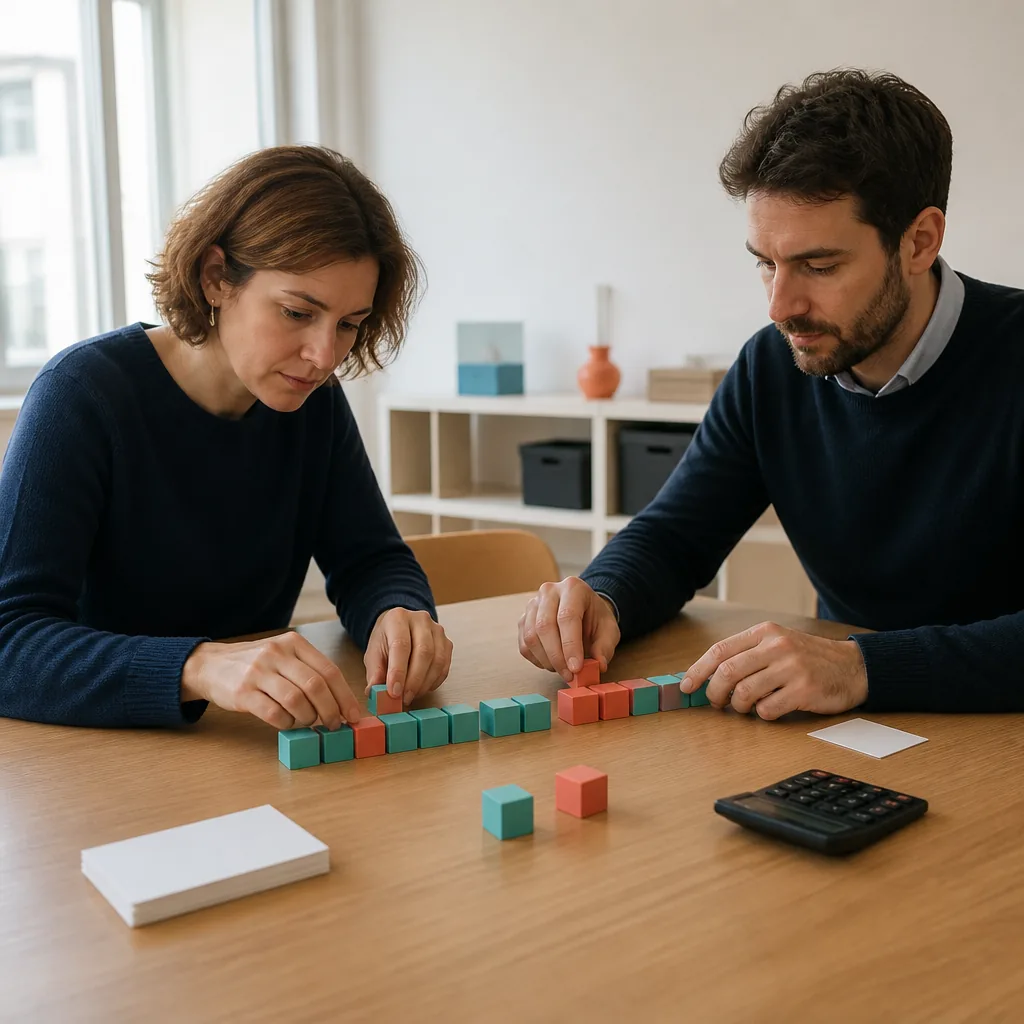 Deux chercheurs construisent des lignes de temps en blocs colorés pour comparer des QALY