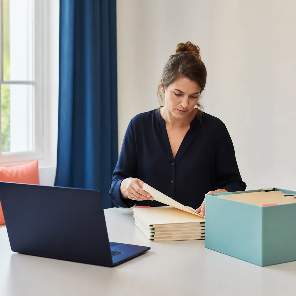 Une chercheuse trie des dossiers anonymisés à onglets colorés pour une étude observationnelle